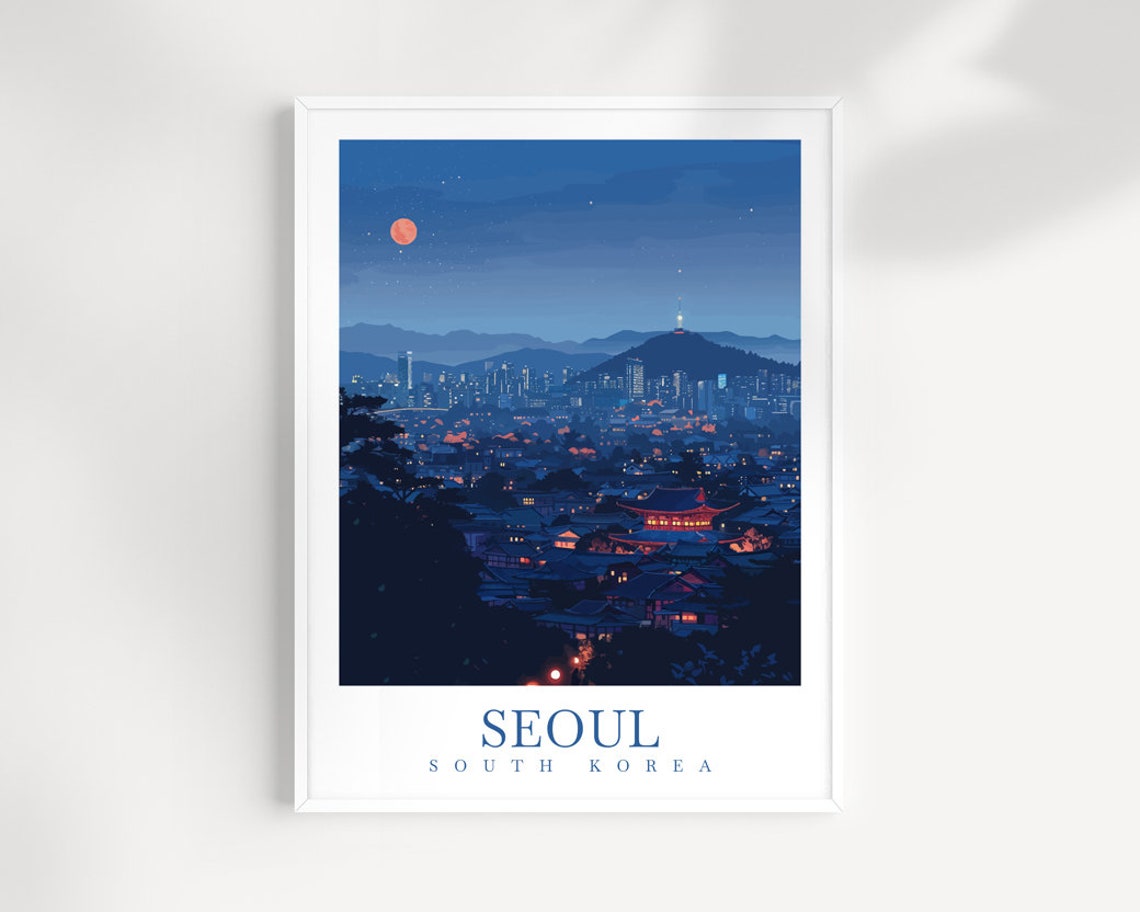 Seoul Night Skyline With N Seoul Tower Under Moon Travel Poster