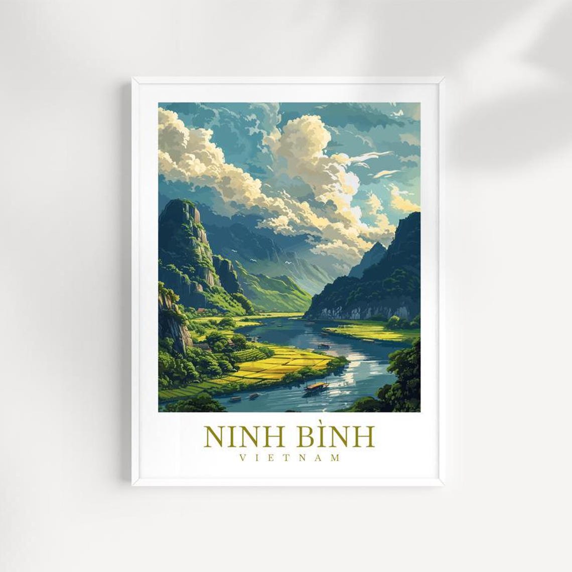 Ninh Binh Vietnam Golden River Rice Fields Valley Boats Poster