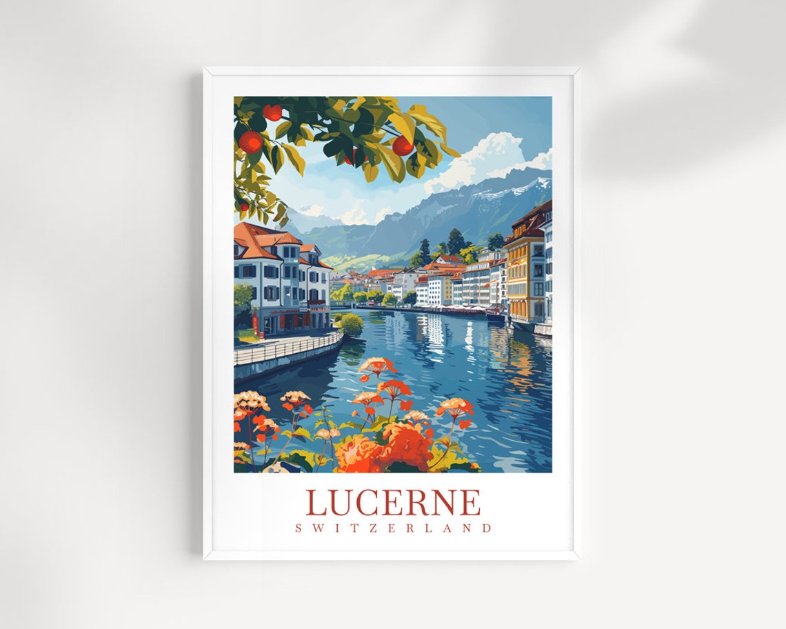 Lucerne Switzerland Old Town River Poster With Mountain Backdrop