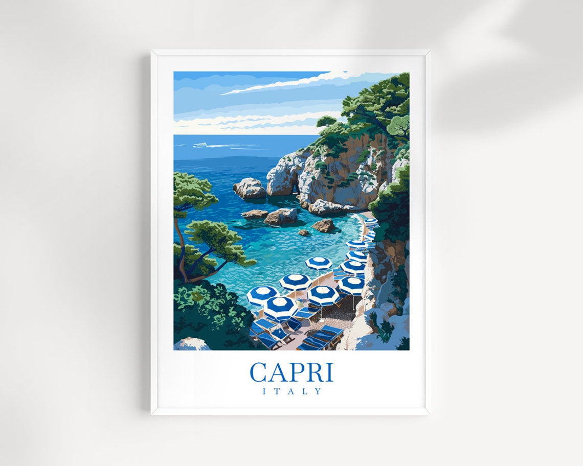 Capri Italy Sunny Turquoise Cliffside Beach Blue Umbrellas Poster