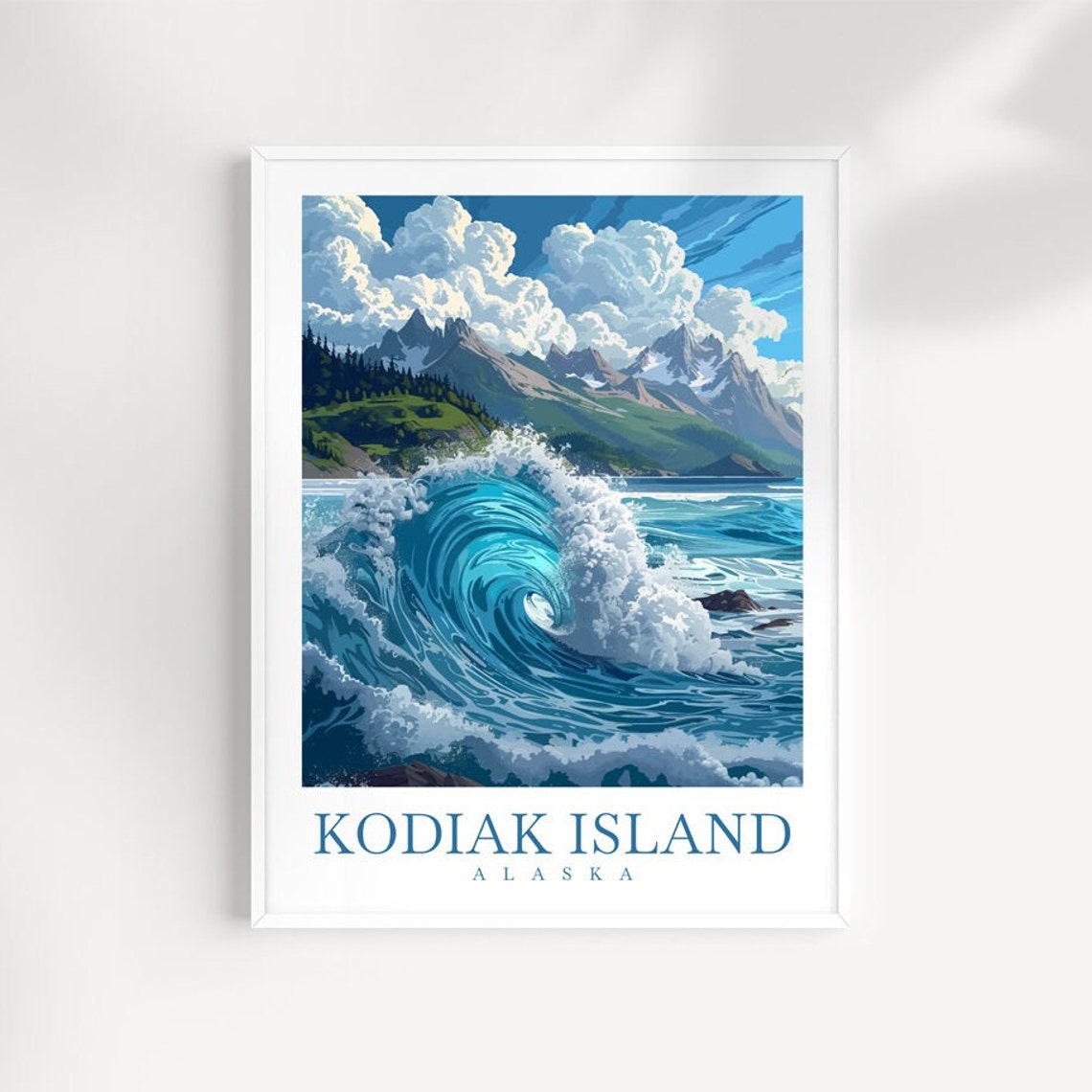 Kodiak Island Alaska Giant Ocean Wave Mountain Surf Travel Poster