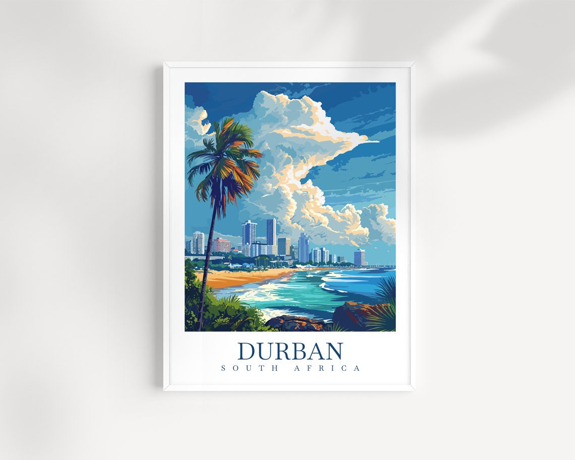Durban South Africa Beach Skyline Palm Ocean Coast Travel Poster
