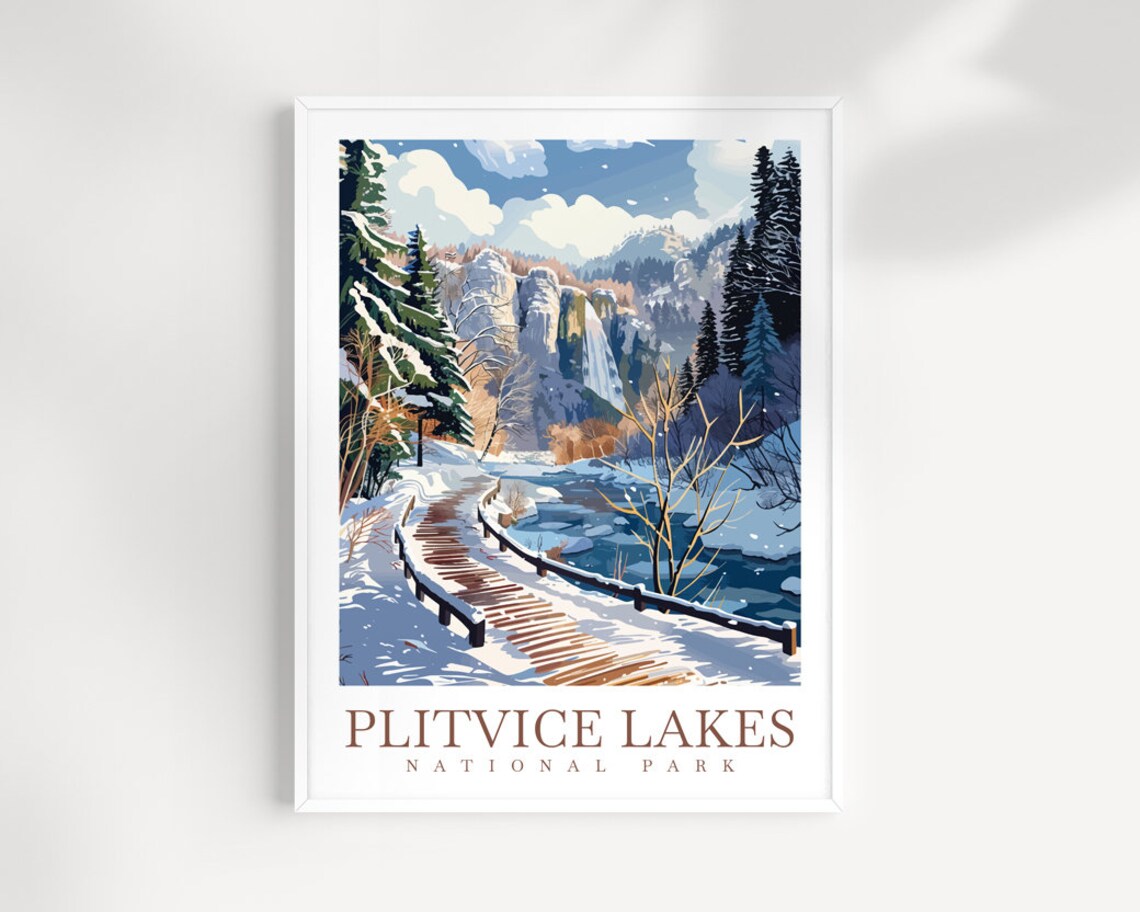 Plitvice Lakes National Park Winter Snow Scene Vintage Travel Poster