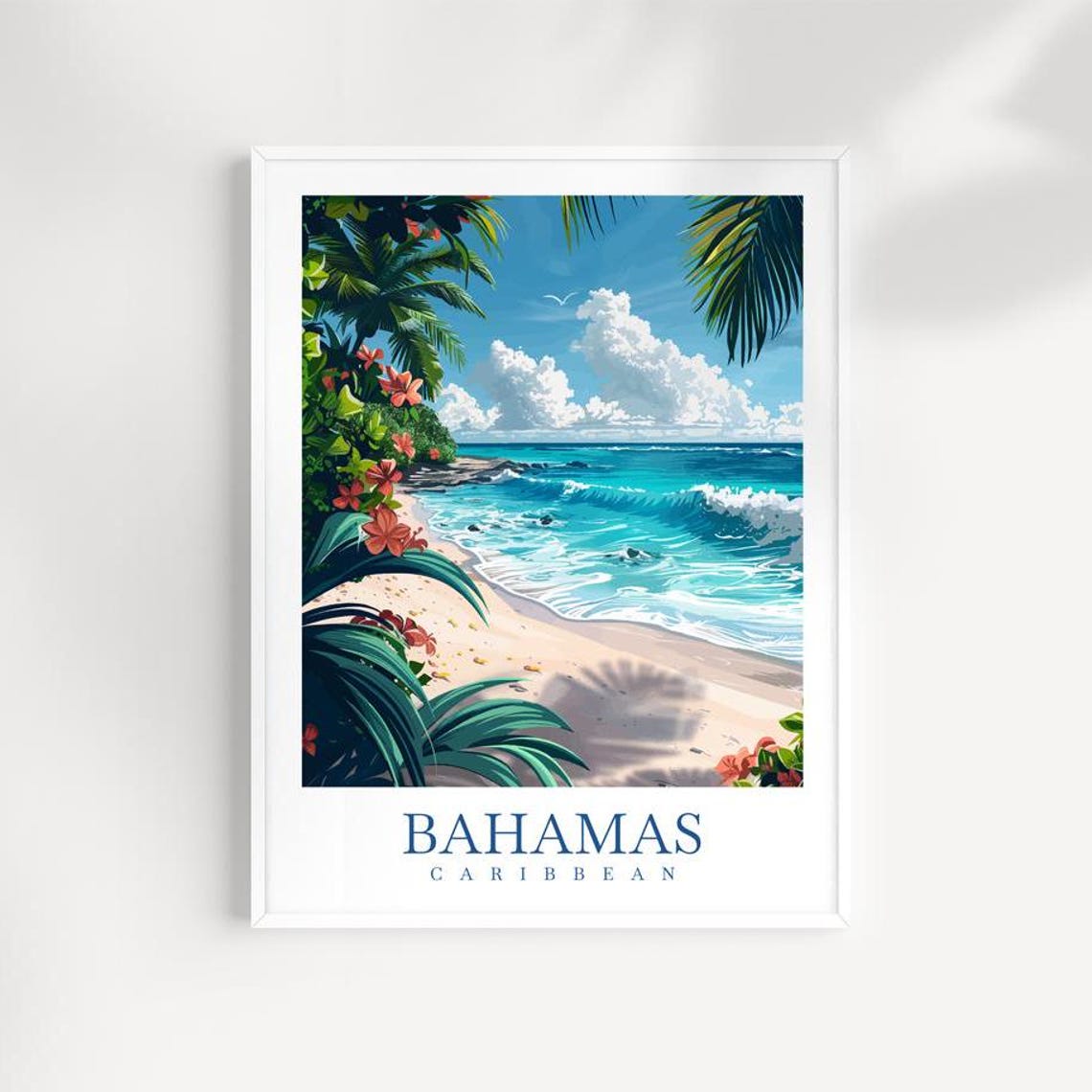 Bahamas Caribbean Beach Turquoise Waves Hibiscus Flowers Art Poster