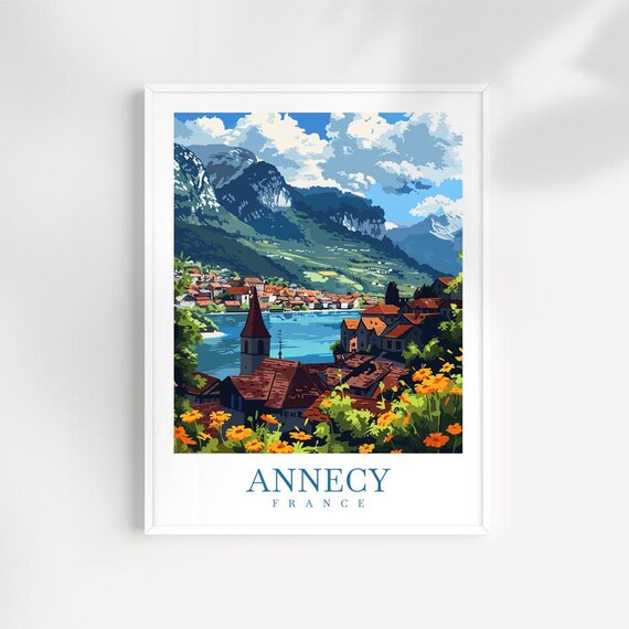 Annecy France Lake Rooftops Church Tower View Wildflowers Travel Poster