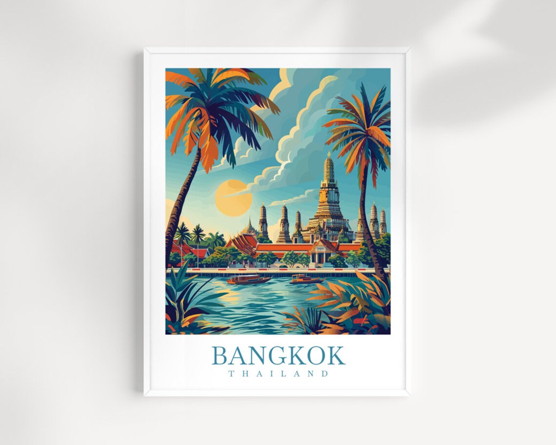 Bangkok Thailand Wat Arun Riverside Temple Palms Vintage Travel Poster