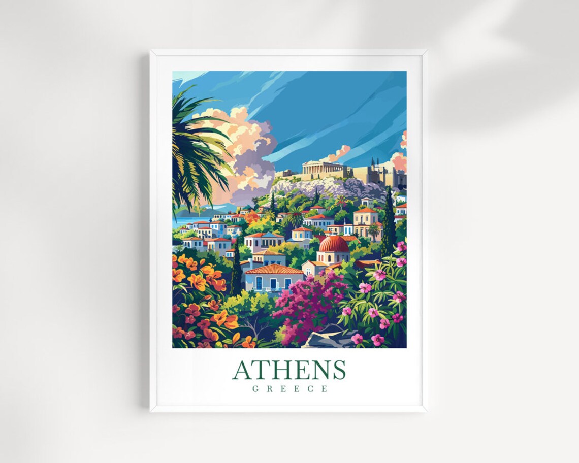 Athens Greece Acropolis Above White Houses And Bougainvillea Poster