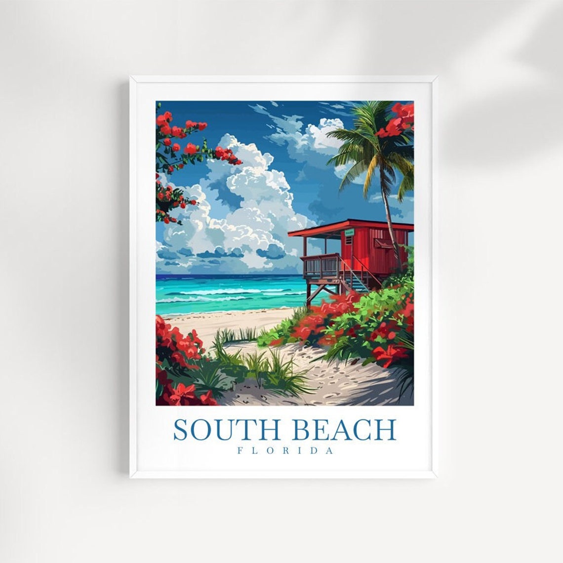 South Beach Florida Red Lifeguard Tower Beach Palms Travel Poster
