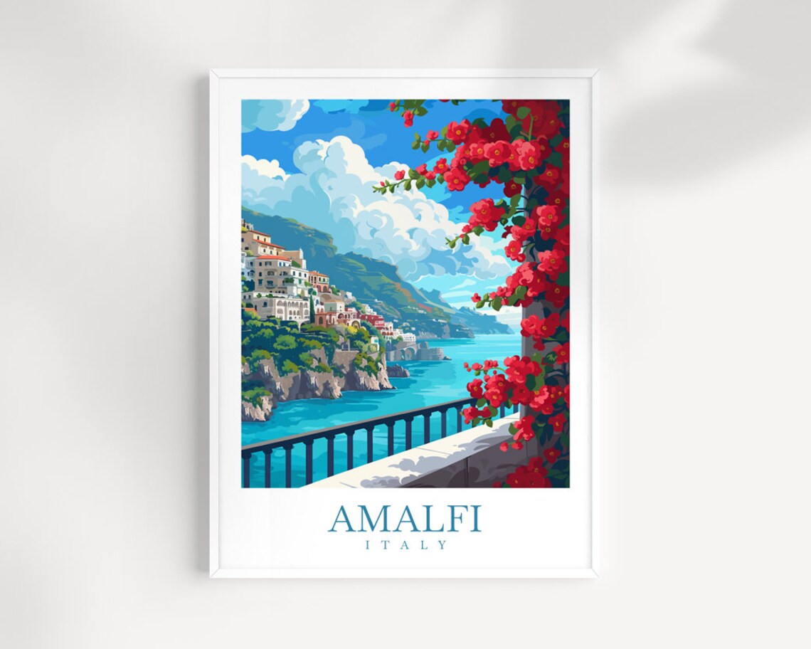 Amalfi Italy Cliff Village Terrace Bougainvillea Travel Poster