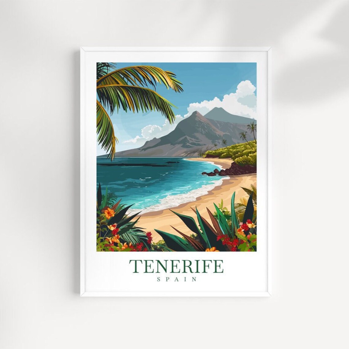 Tenerife Spain Volcano Beach Palm Trees Tropical Travel Poster