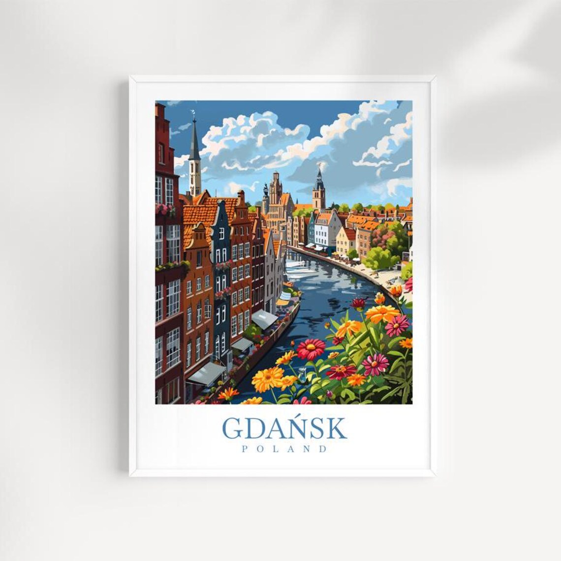 Gdansk Poland Riverfront Gabled Houses And Flower Garden Poster