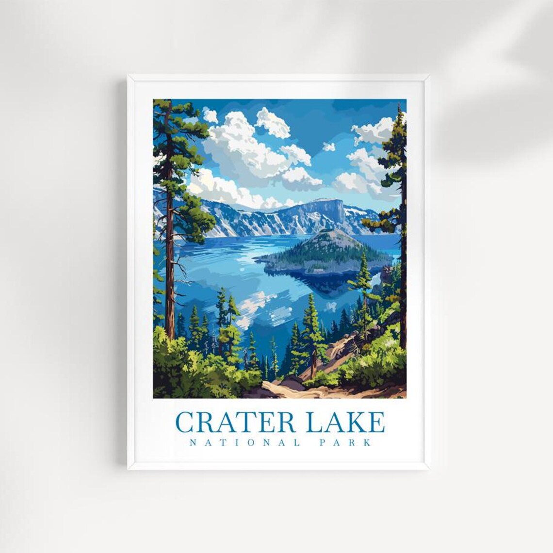 Crater Lake National Park Blue Lake Island Pine Forest Travel Poster