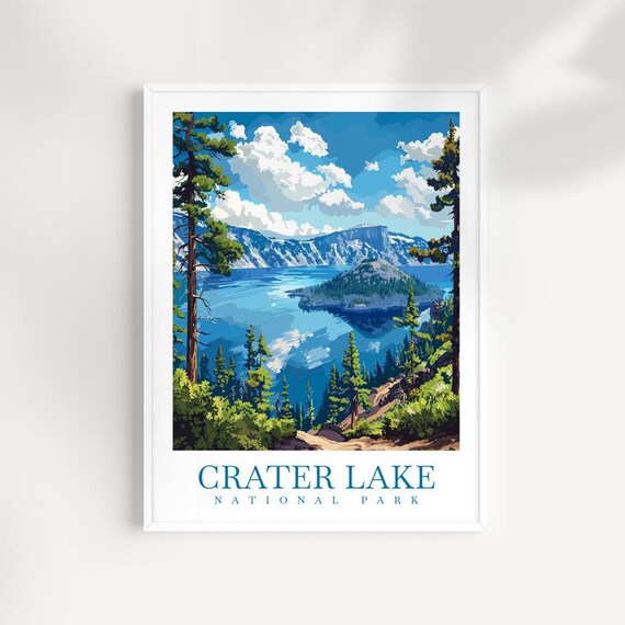 Crater Lake National Park Blue Lake Island Pine Forest Travel Poster