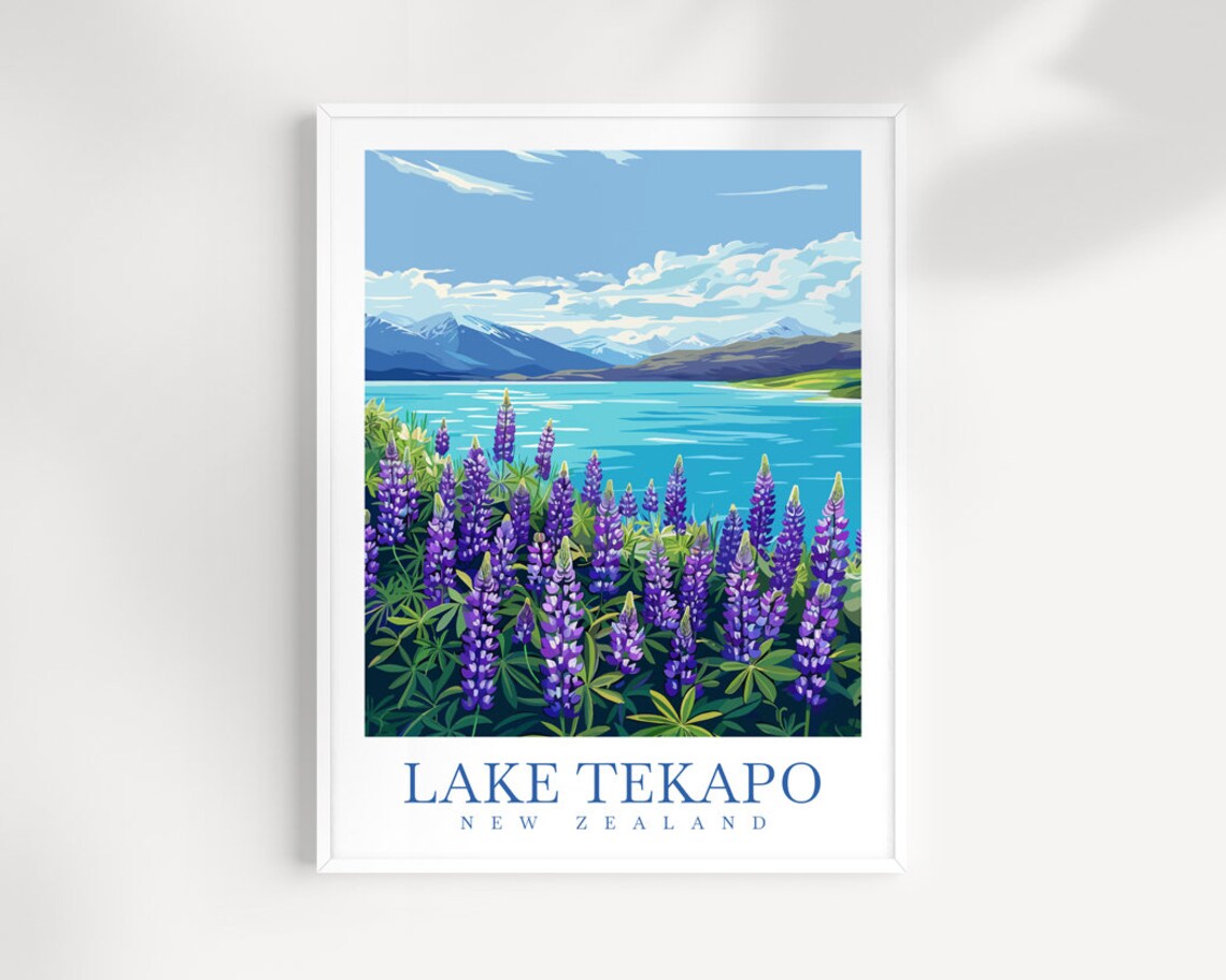 Lake Tekapo New Zealand Lupine Flowers Lakeside Mountain Poster