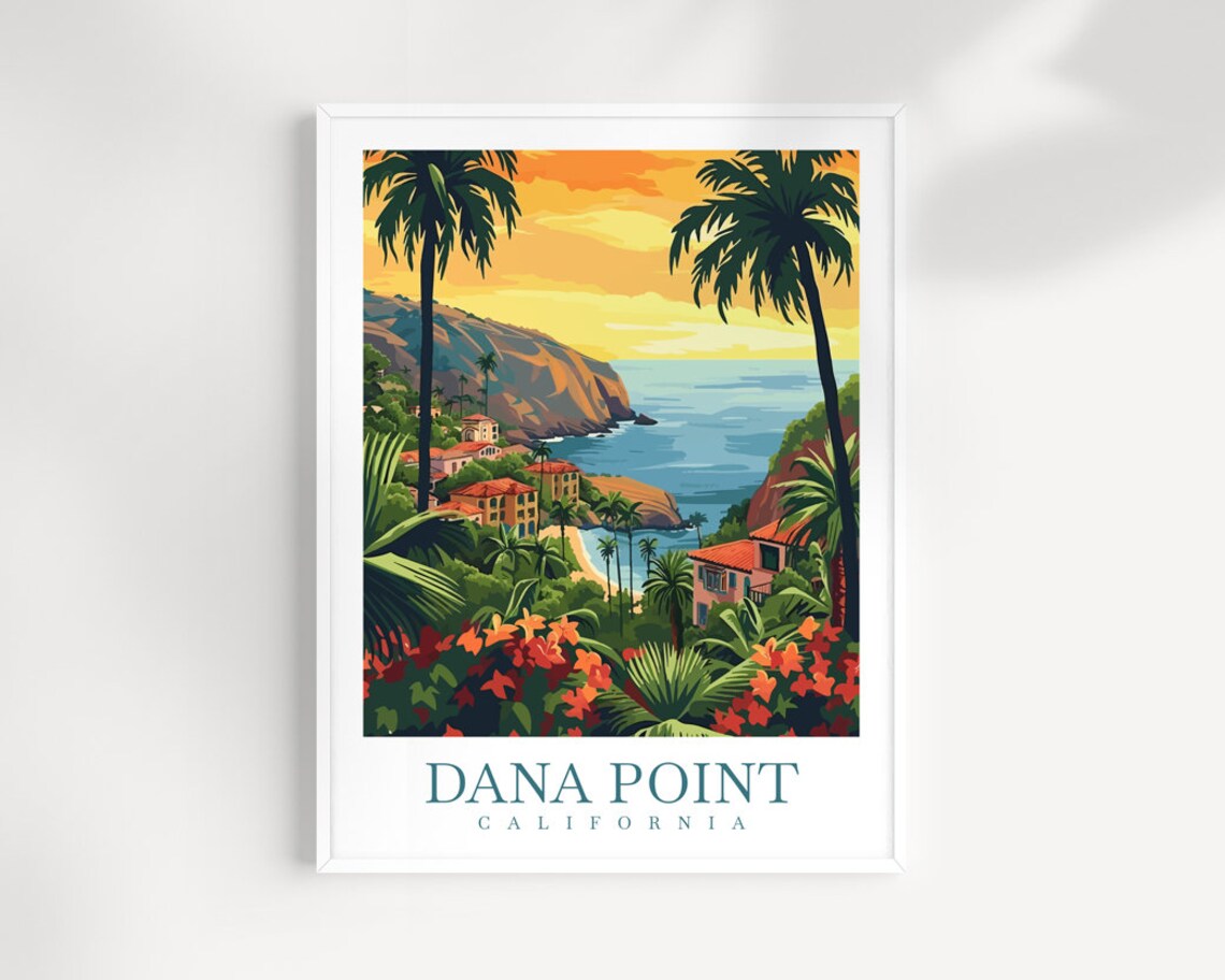 Dana Point California Sunset Cove with Palm Trees Travel Poster