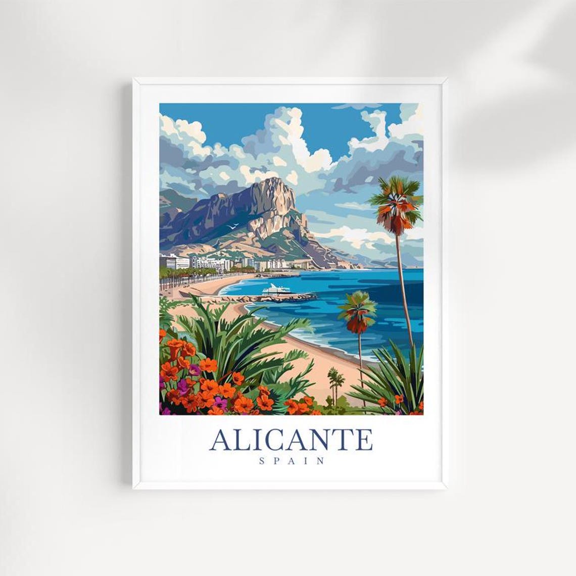 Alicante Spain Sandy Beach Palm Trees Rocky Headland Travel Poster