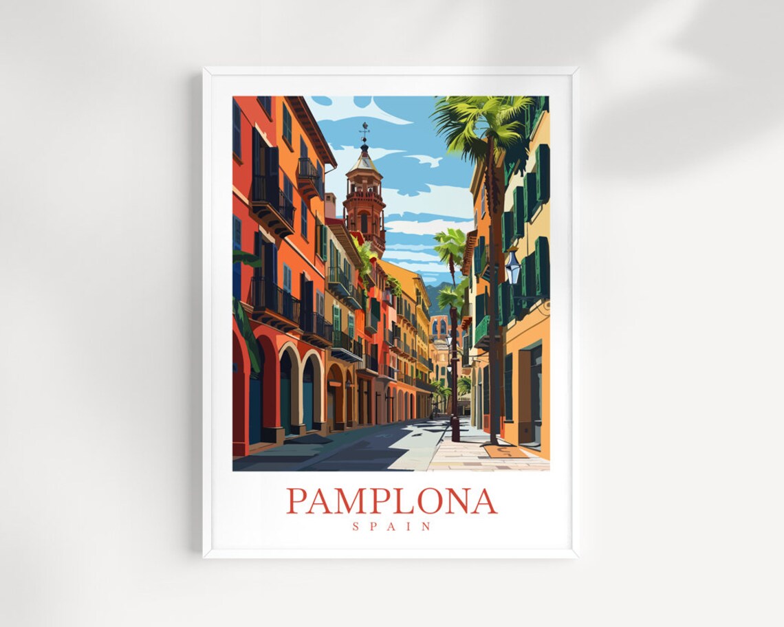Pamplona Spain Sunny Street Palm Trees Historic Facade Travel Poster