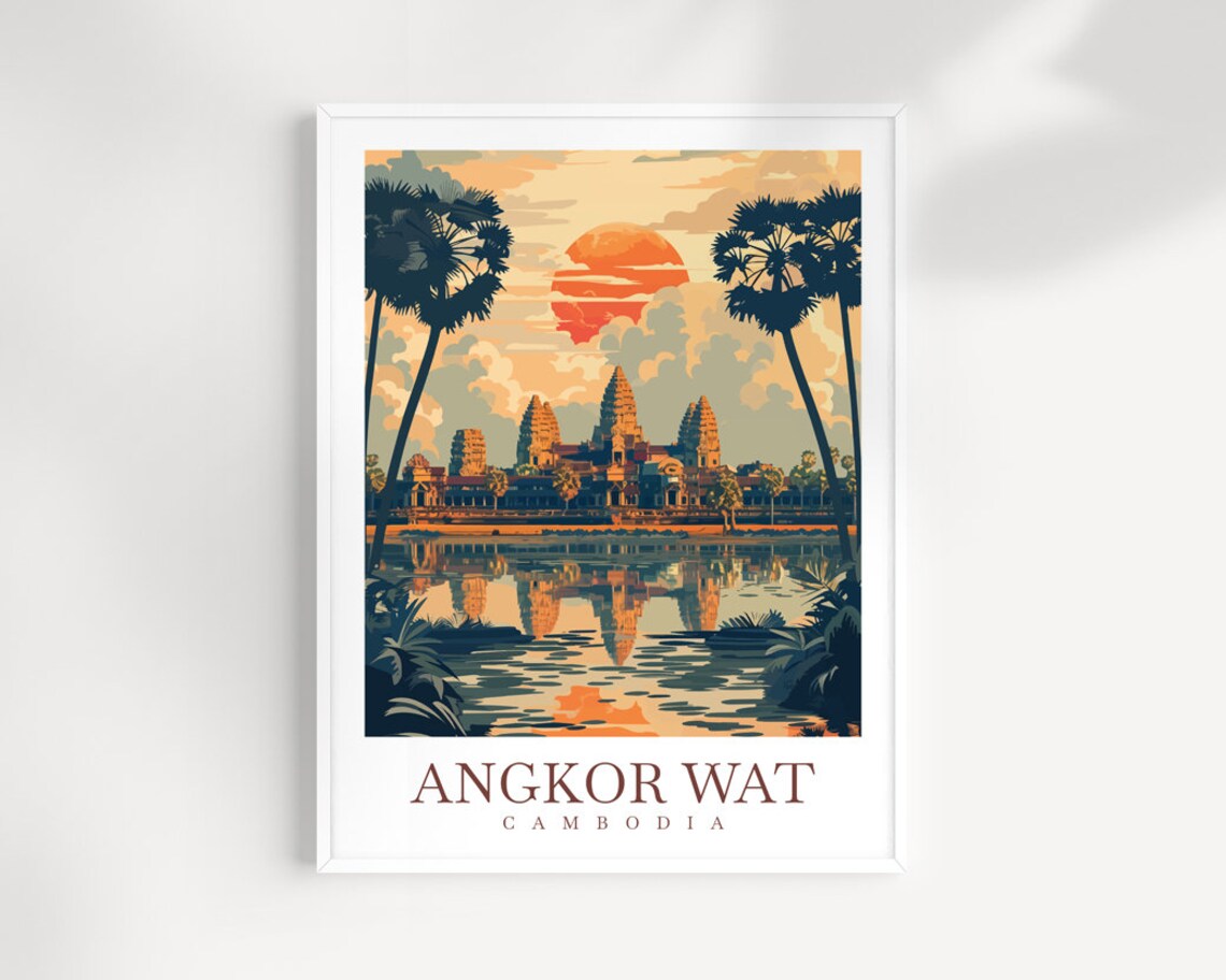 Angkor Wat Temple At Sunrise With Reflection Cambodia Travel Poster