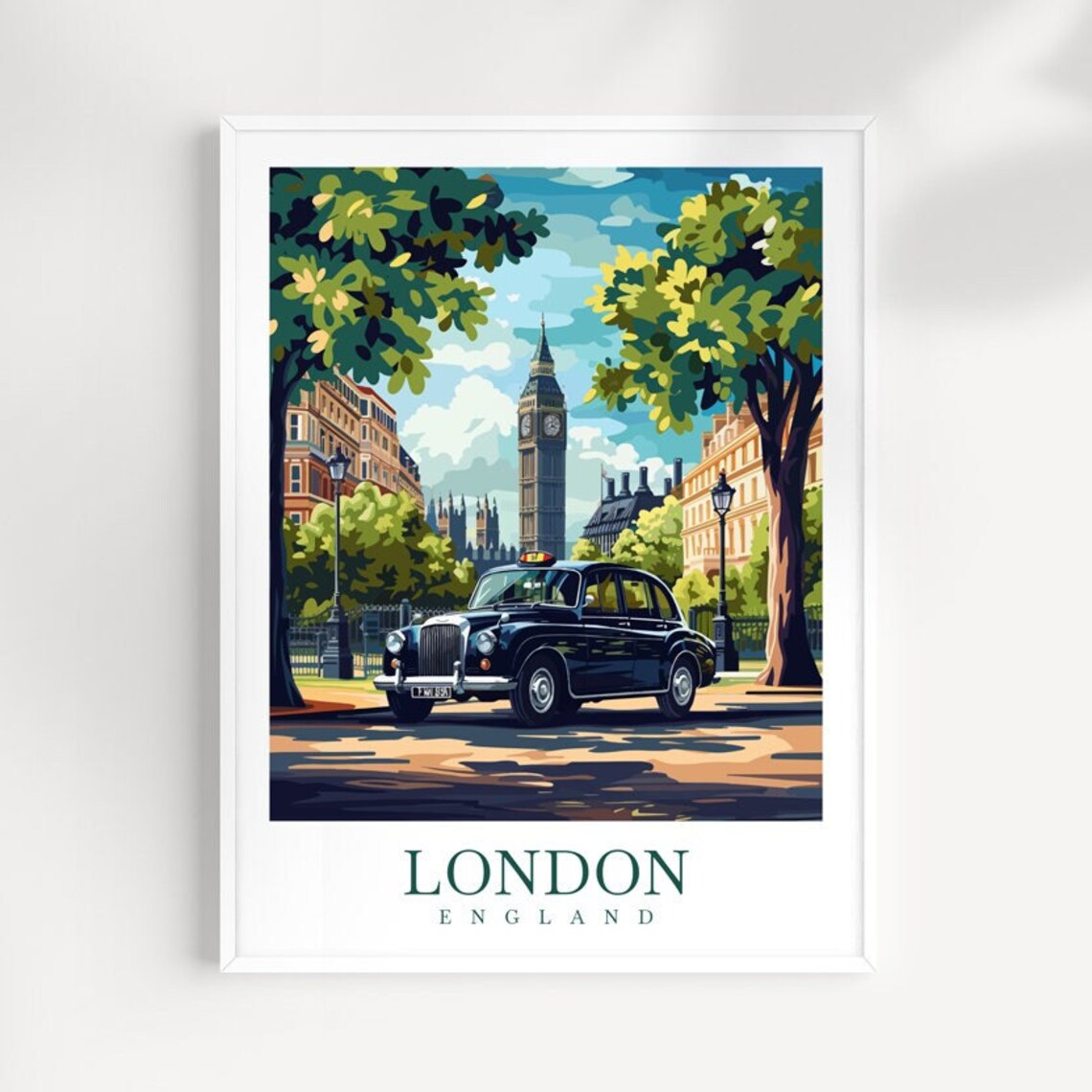 London England Big Ben And Classic Black Cab Retro Street Scene Poster