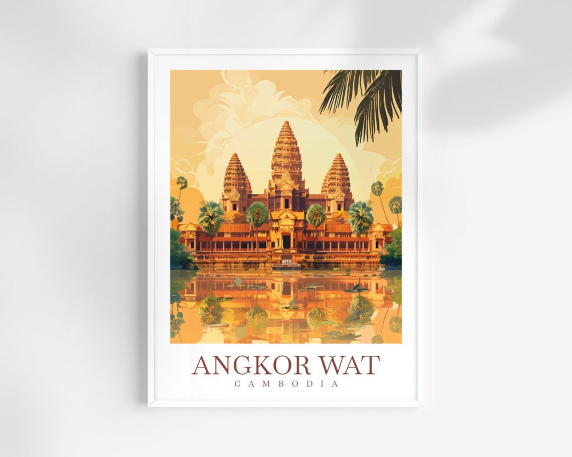 Angkor Wat Cambodia Golden Temple Towers Palm Reflection Poster