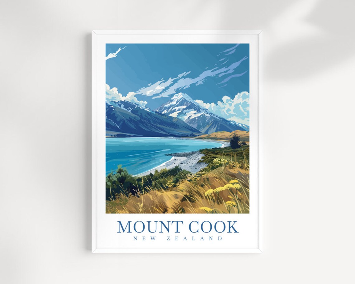 Mount Cook New Zealand Snowy Peak Over Turquoise Lake Poster