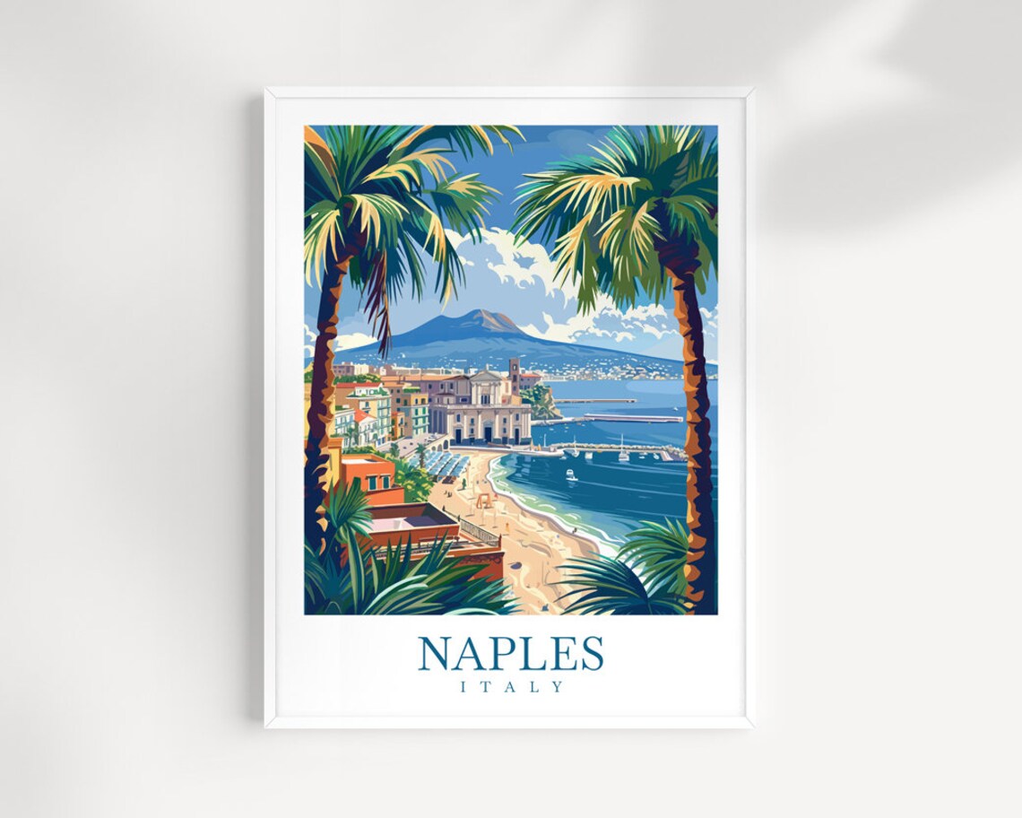 Naples Italy Vintage Travel Poster Sunny Beach Promenade Scene