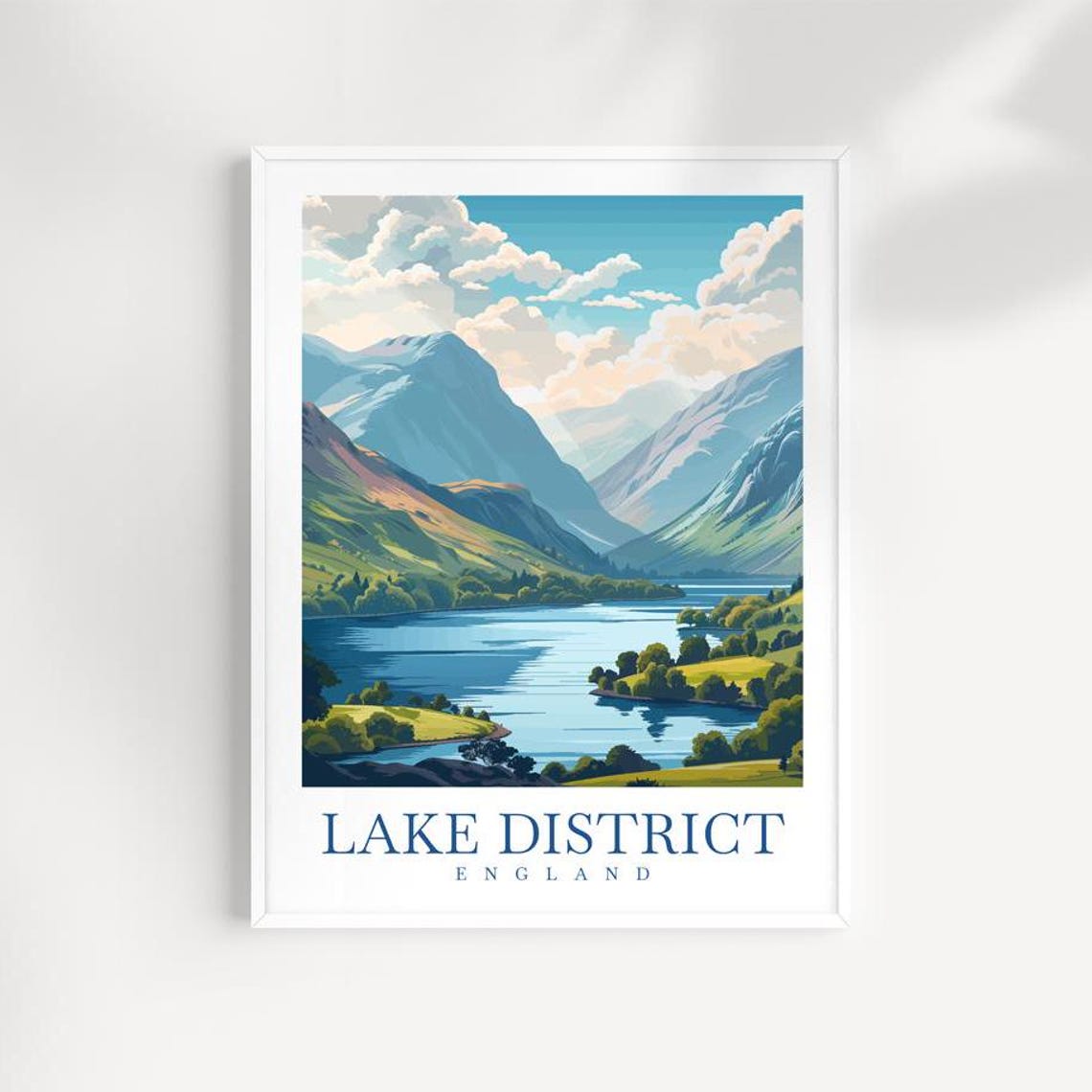 Lake District England Travel Poster with Mountain Lake and Valley View