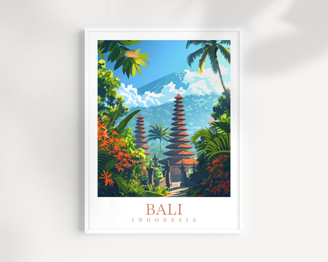 Bali Indonesia Temple Pagodas in Tropical Jungle Vintage Poster