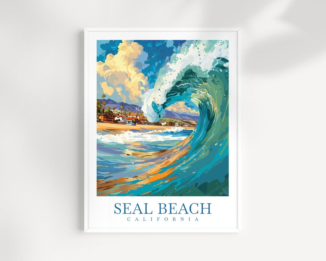 Seal Beach California Giant Breaking Wave Surf Art Travel Poster