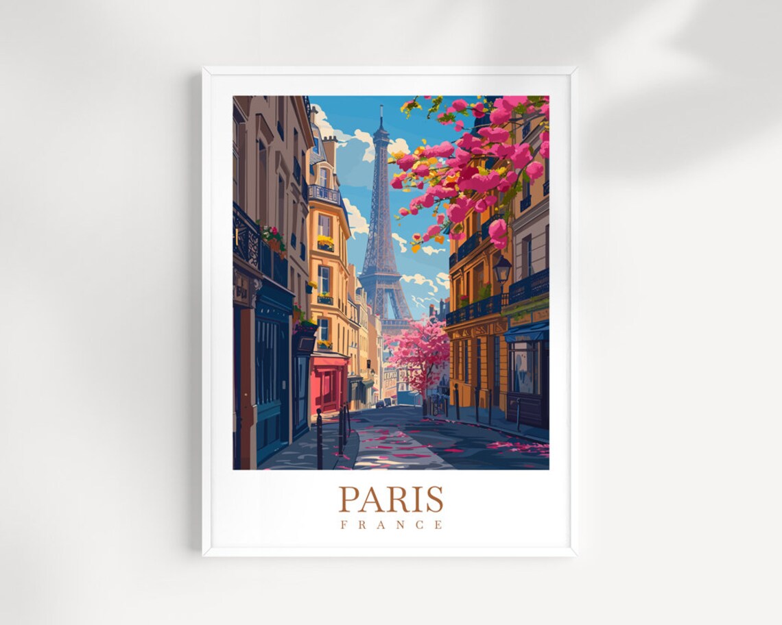 Paris France Eiffel Tower Pink Blossom Spring Street Travel Poster