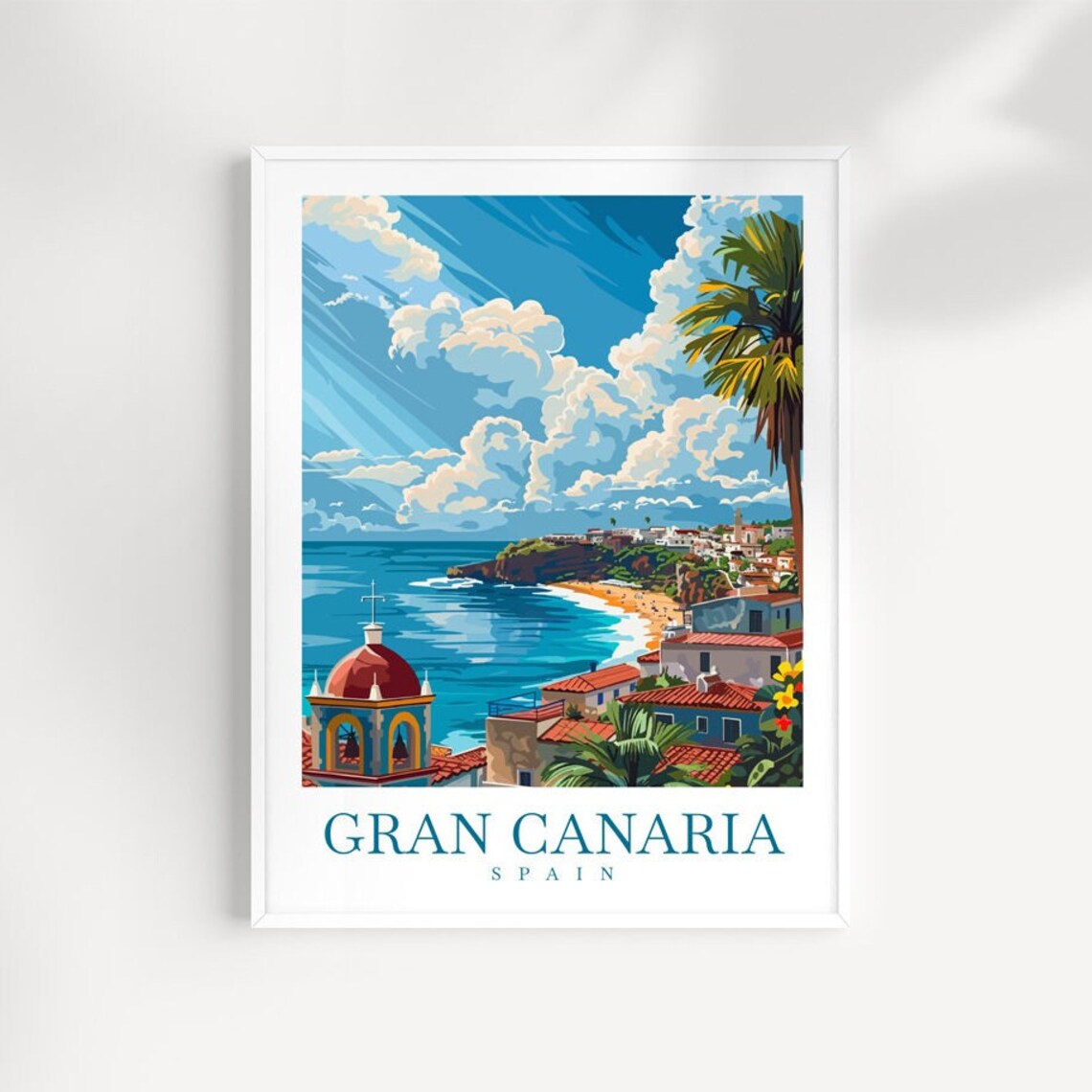 Gran Canaria Spain Church Dome Overlooking Beach Town Travel Poster