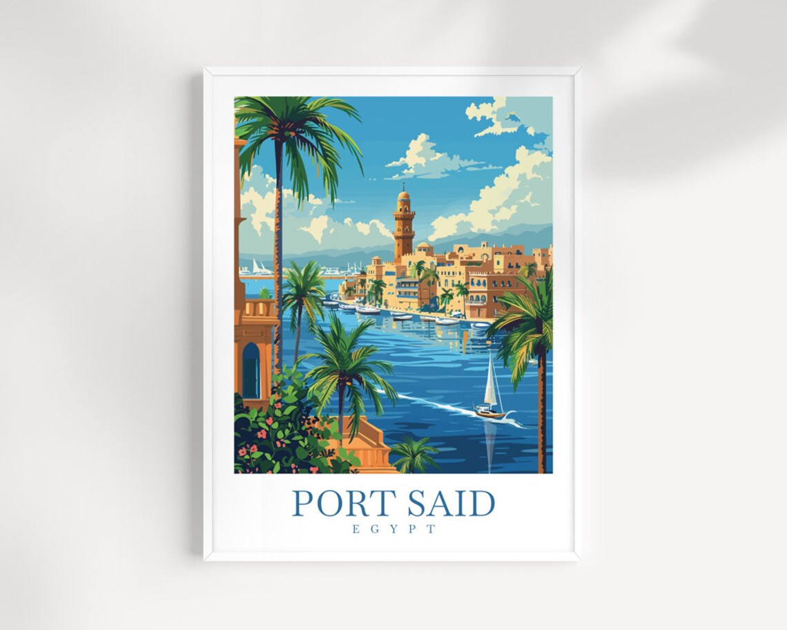 Port Said Egypt Mediterranean Sunny Harbor Sailboat Travel Poster