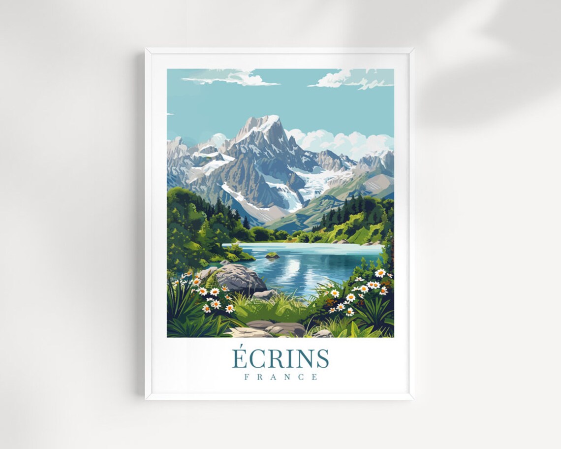 Ecrins France Snow Capped Mountain Peak Alpine Lake Travel Poster