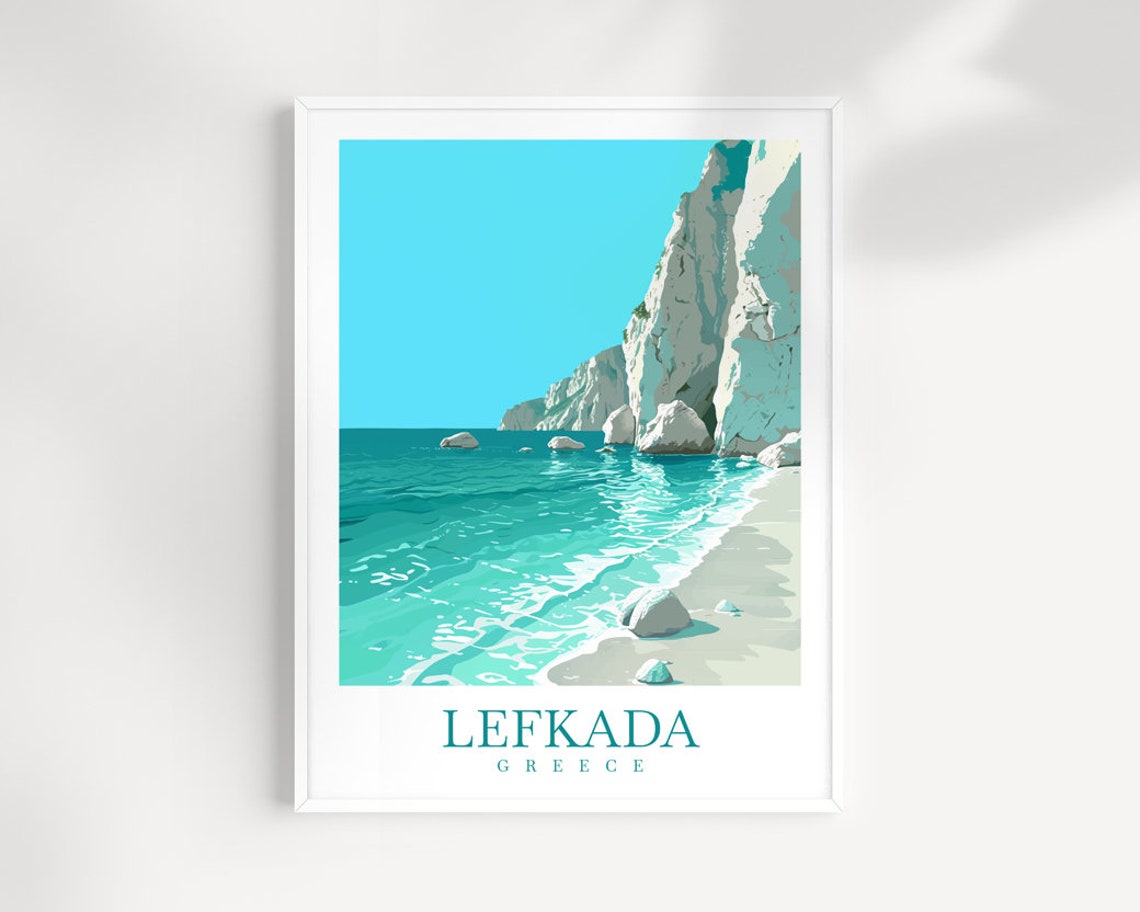Lefkada Greece White Cliffs Turquoise Sea Beach Travel Poster