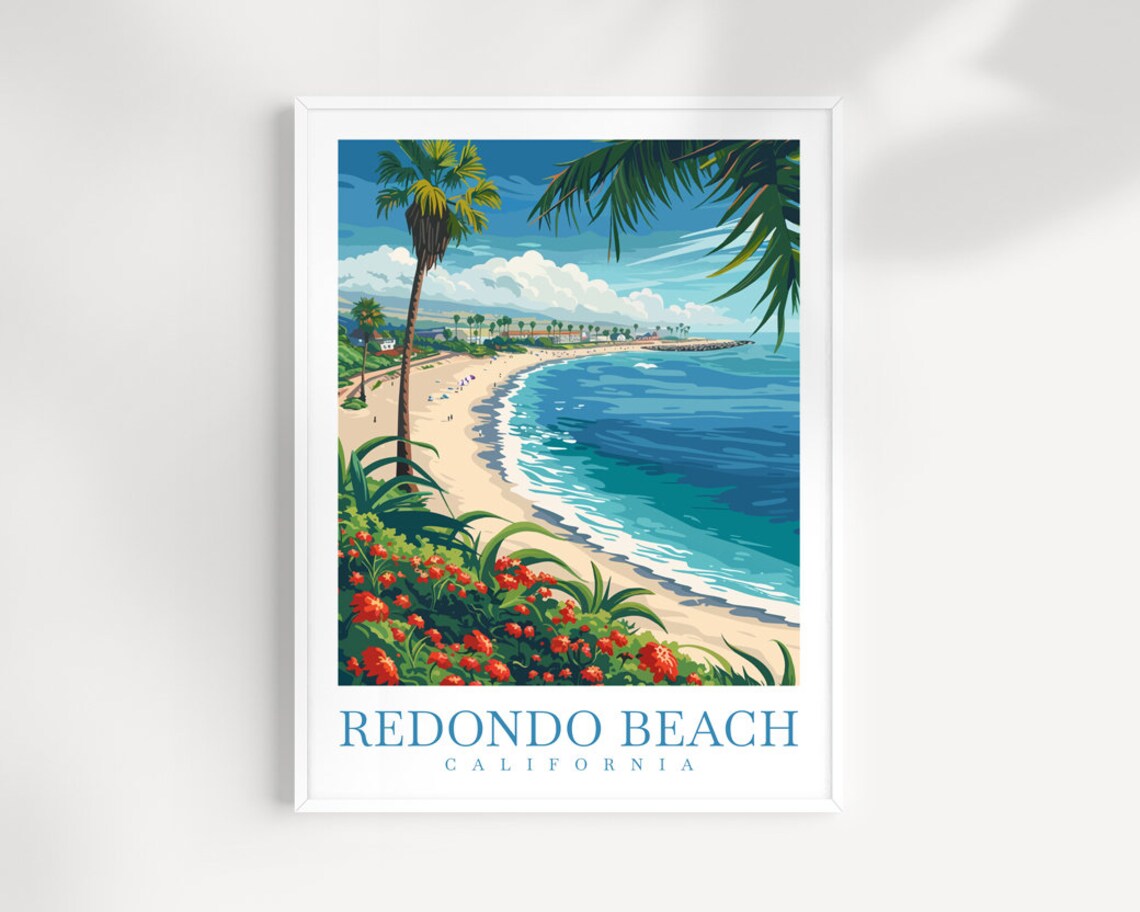 Redondo Beach California Sandy Cove Palm Shoreline Travel Poster
