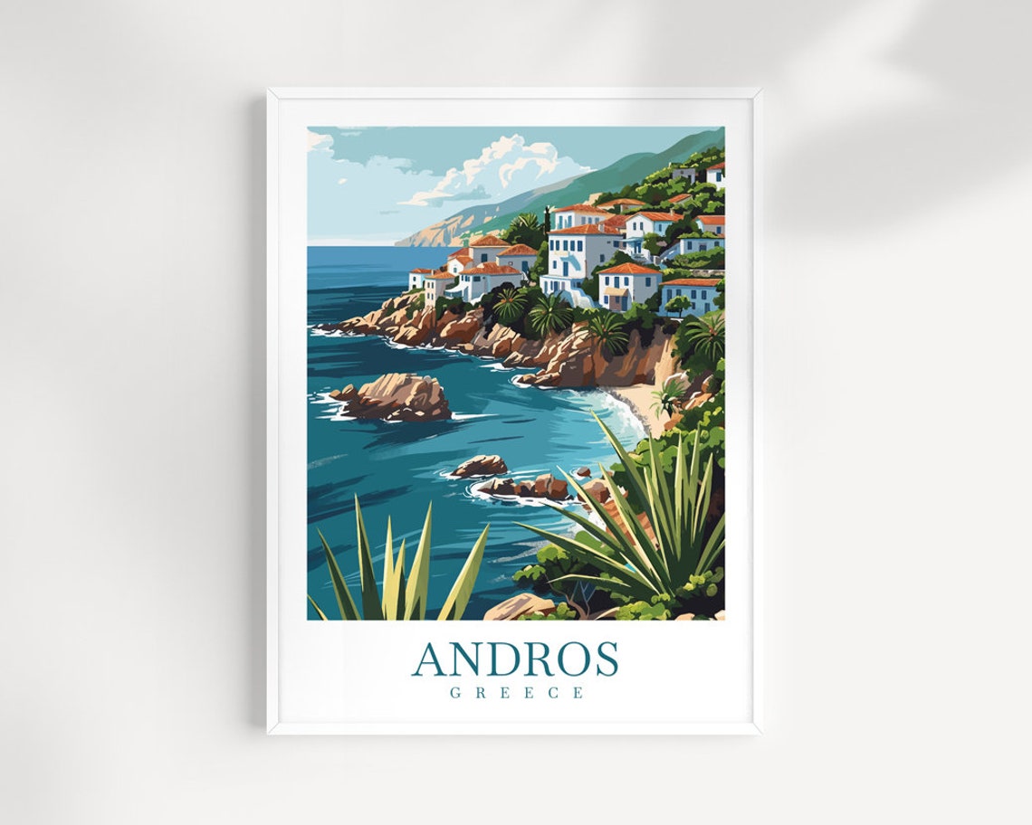 Andros Greece Whitewashed Village Cliff Coast Scenic Travel Poster