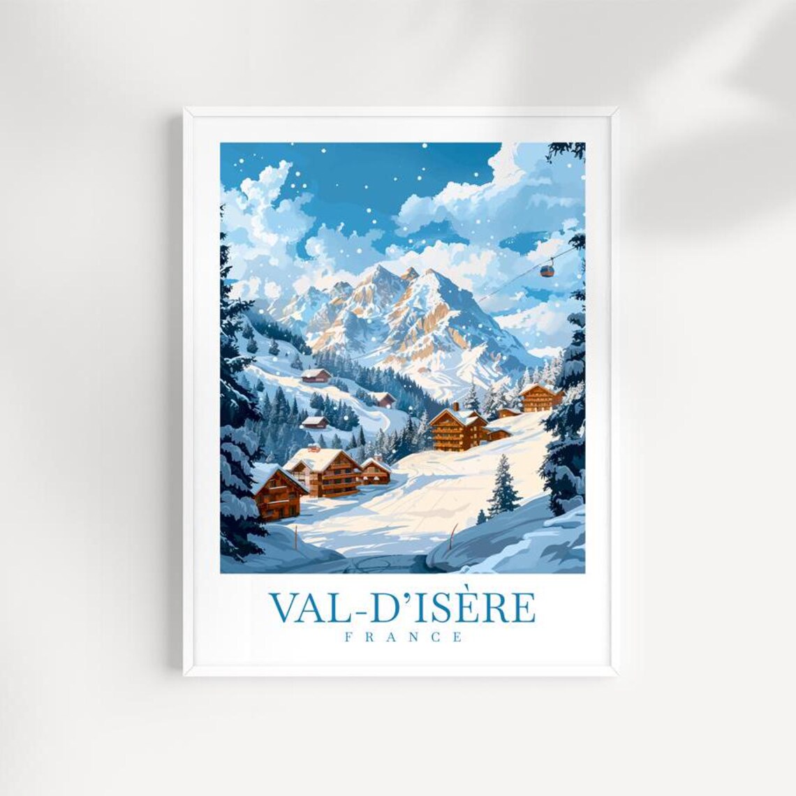 Val dIsere France Snowy Ski Chalets Winter Gondola View Poster