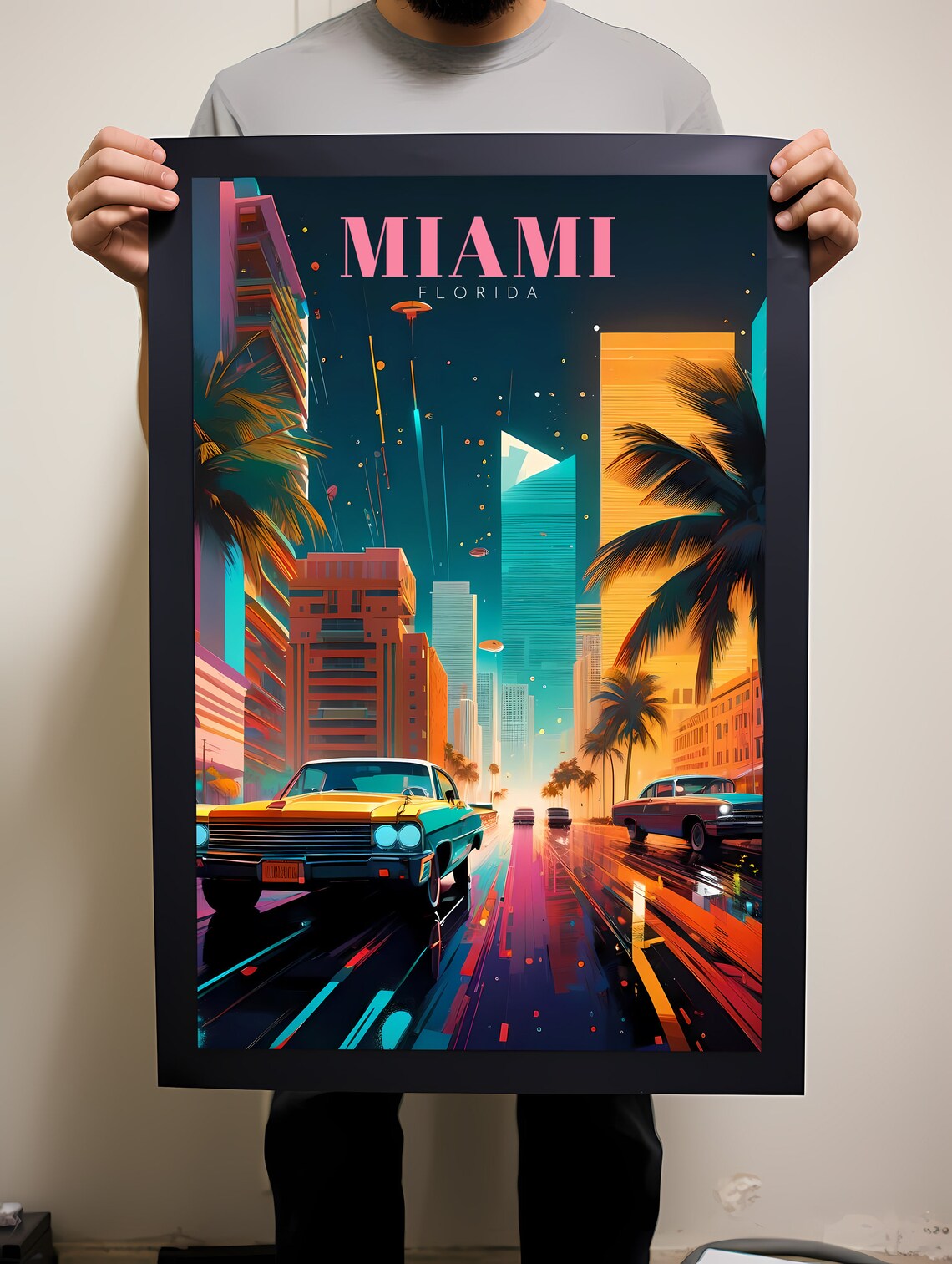Miami Florida Neon Night Downtown Classic Cars Travel Poster - Image 2