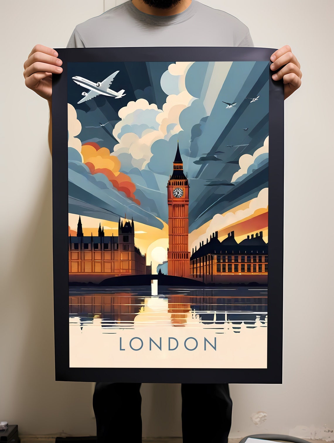 London Big Ben Sunset Skyline Retro Travel Illustration Poster - Image 2