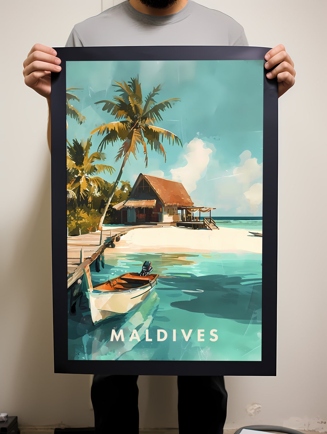 Maldives Idyllic Tropical Beach Hut Palm Island Travel Poster - Image 2