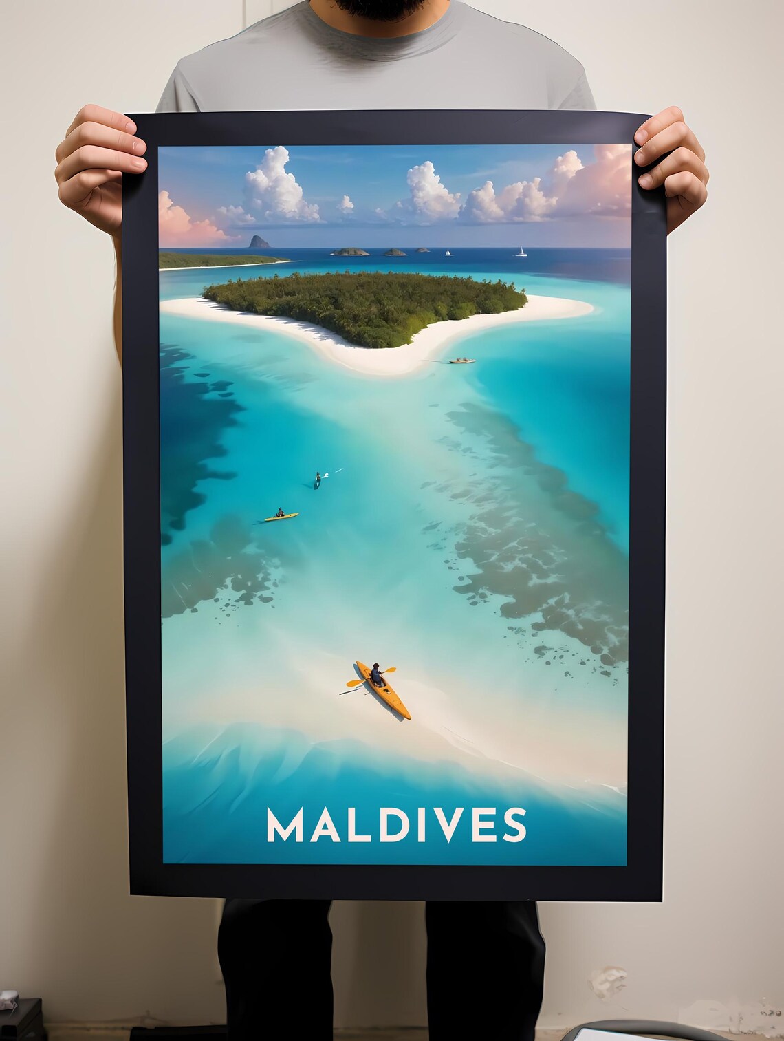 Maldives Aerial Tropical Island Kayakers Lagoon Travel Poster - Image 2