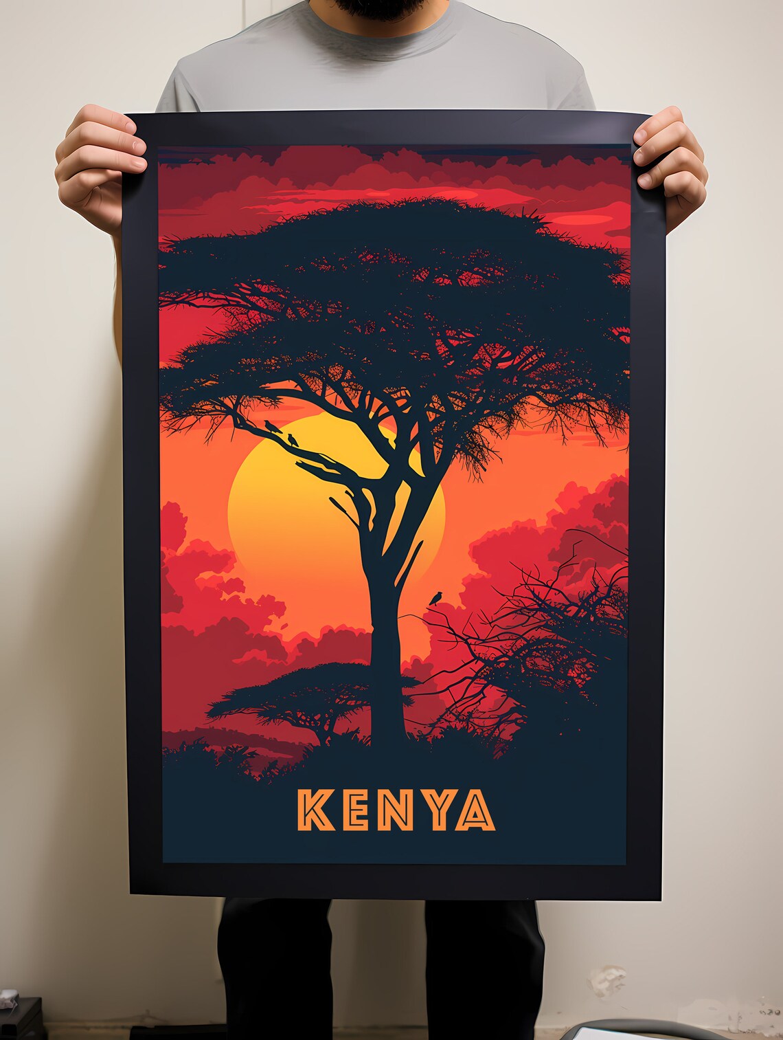 Kenya Acacia Tree Sunset Silhouette Safari Africa Travel Poster