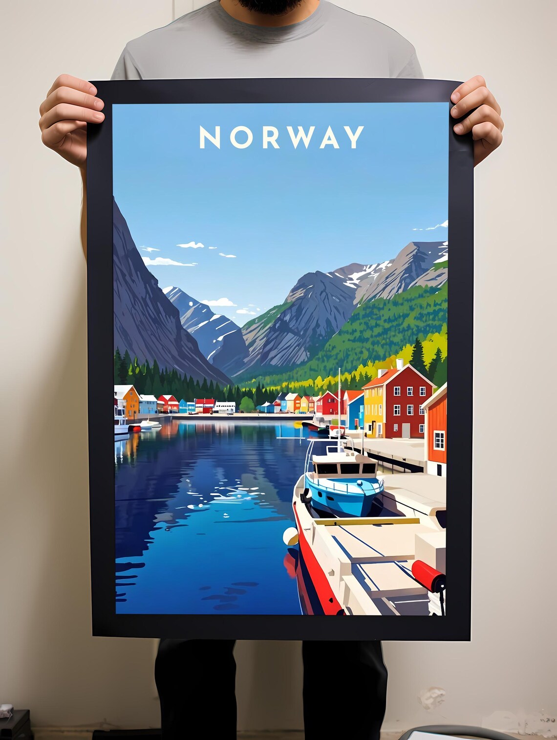 Norway Fjord Fishing Village Colorful Harbor Boats Travel Poster - Image 2