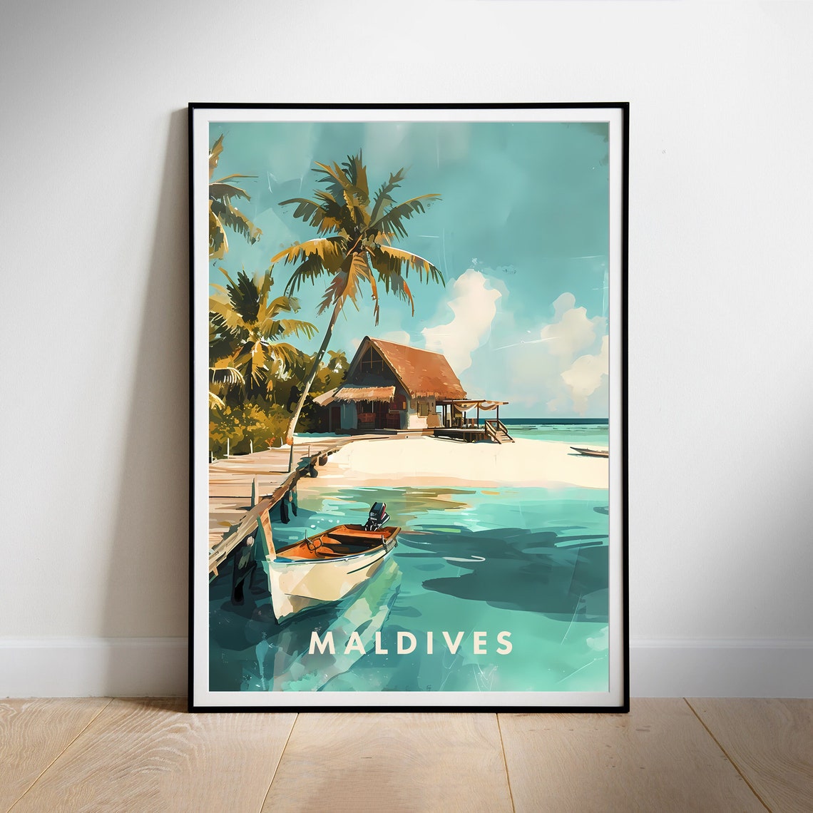 Maldives Idyllic Tropical Beach Hut Palm Island Travel Poster