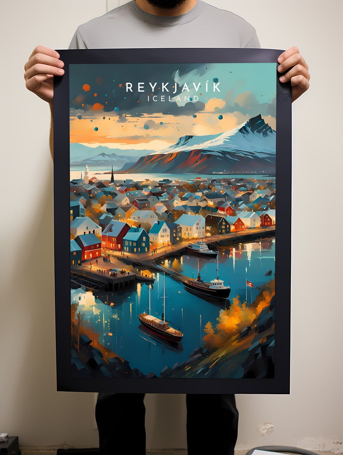 Reykjavik Iceland Colorful Harbor Sunset Snow Mountains Poster
