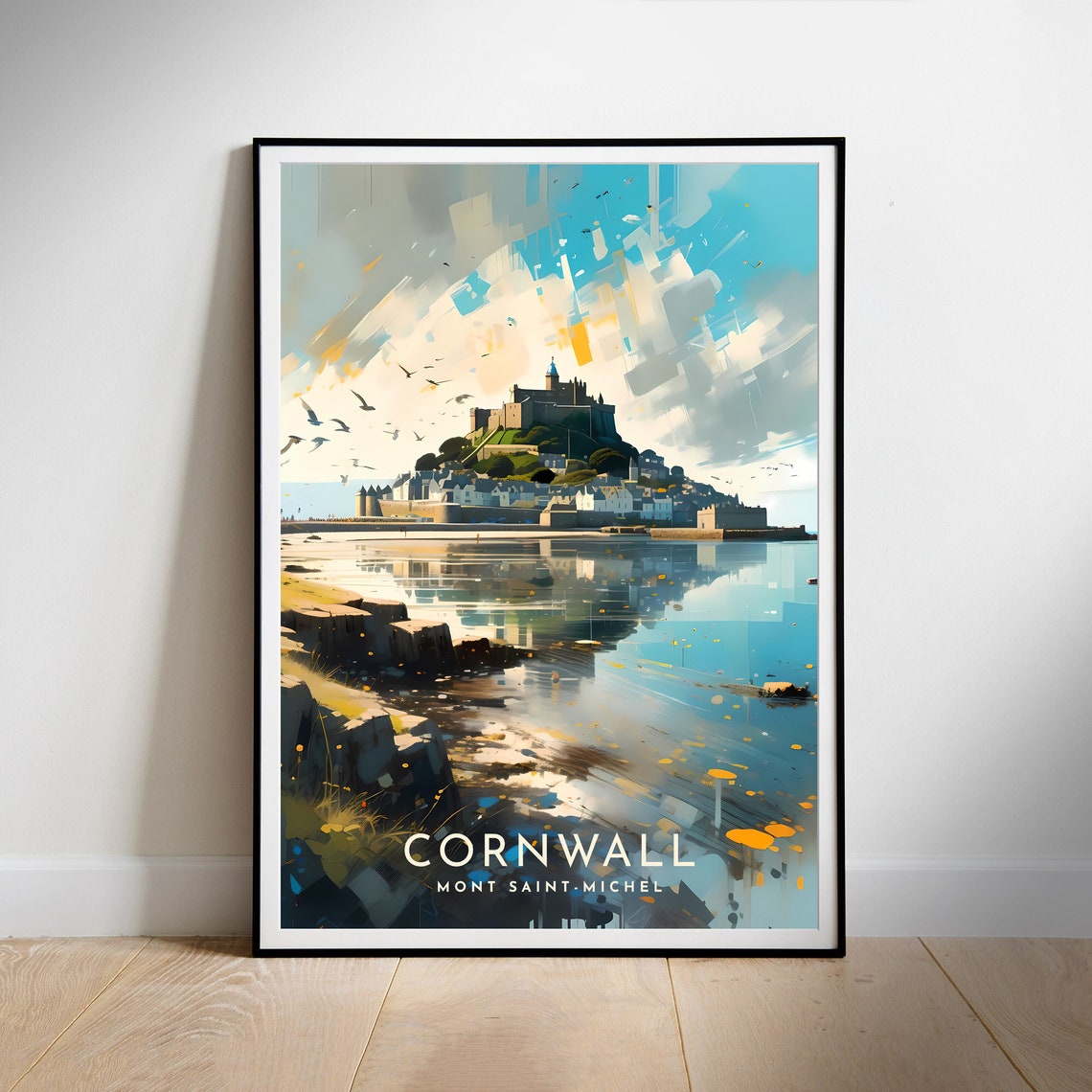 Cornwall Mont Saint-Michel Tidal Island Abstract Watercolor Poster