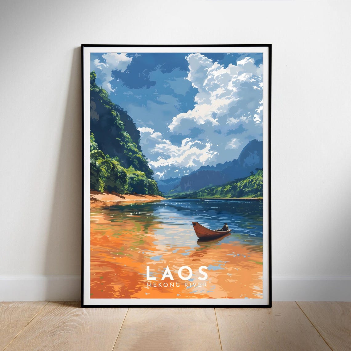 Laos Mekong River Karst Cliffs Wooden Boat Retro Travel Poster