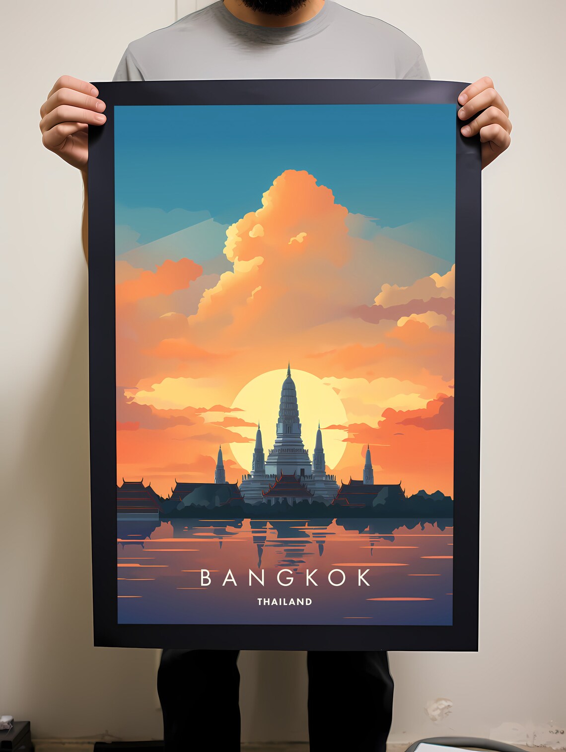 Bangkok Thailand Fiery Sunset Temple Skyline Vintage Travel Poster - Image 2