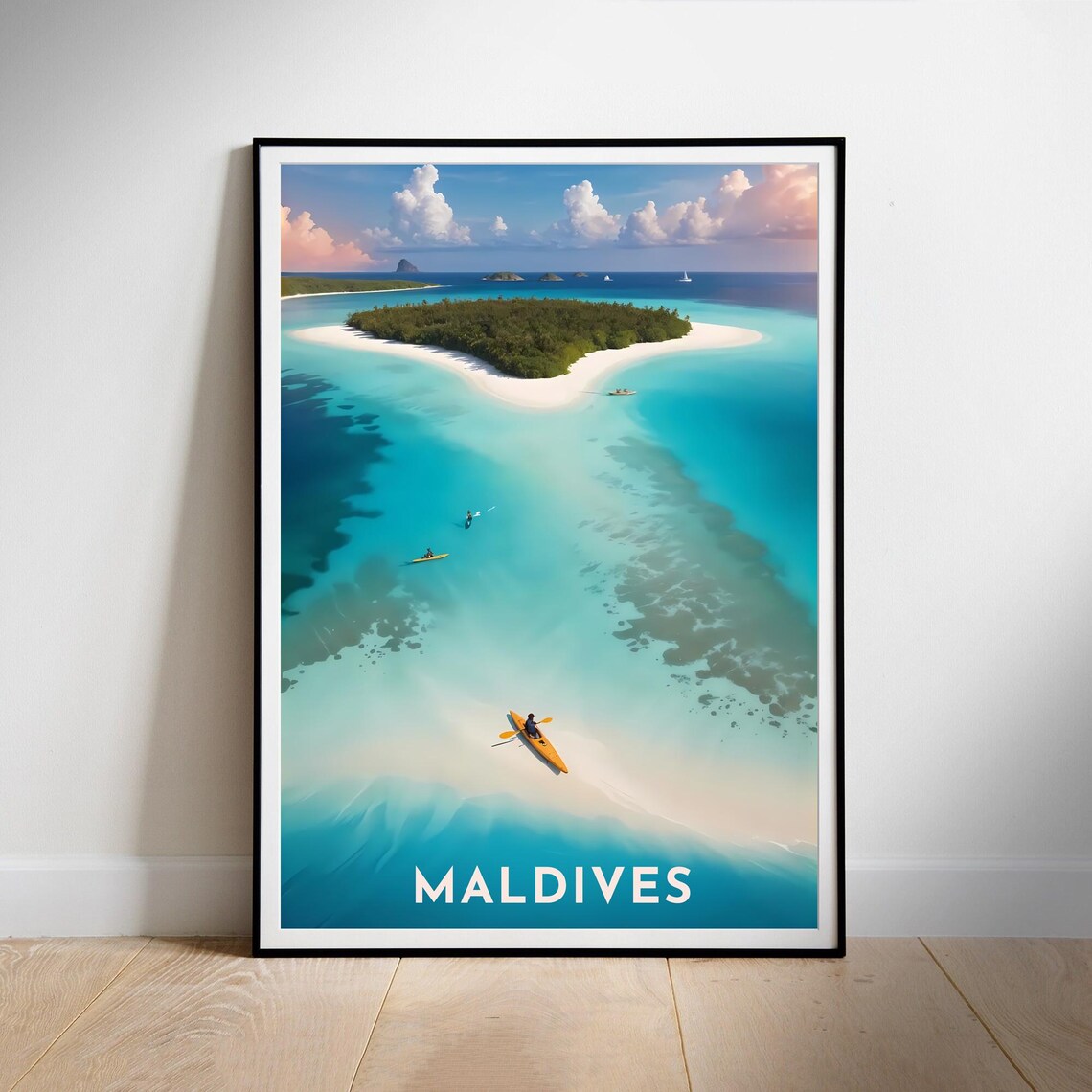 Maldives Aerial Tropical Island Kayakers Lagoon Travel Poster
