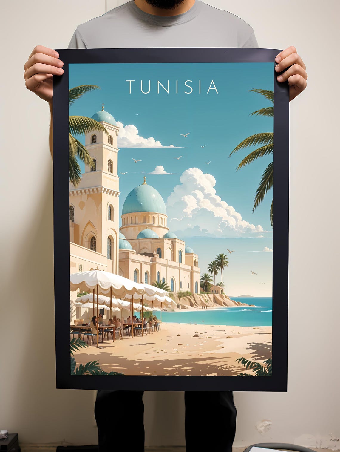 Tunisia Beachside Blue Dome Mosque Illustrated Travel Poster